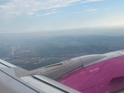 The image captures an aerial view of Echterdingen, Germany, seen from an airplane. The foreground is dominated by the airplane's wing and engine, the latter being a prominent magenta color. The wing is metallic gray with visible rivets and panel lines. The engine casing also features metallic sections with numerous small circular indentations and ventilation slits. White text indicating "NO STEP" and "HOIST POINT" is visible on the engine's magenta surface. Beyond the aircraft components, the landscape of Echterdingen unfolds. A winding river or canal is visible, lined with industrial or urban structures. Further into the distance, a sprawling city with buildings and infrastructure can be observed, receding into a hazy horizon. The sky above is a blend of pale blue with scattered white clouds, suggesting daylight. The overall scene is one of aerial transit over a German city.