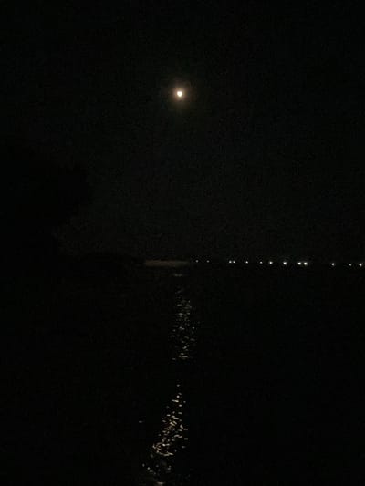 The image captures a night scene in Legonipah, Indonesia. The sky is dark, indicating it is nighttime. On the left side of the image, a bright, full moon is visible, casting a soft glow.
In the center of the image, a vertical line of small, bright lights is present, suggesting a string of lanterns or possibly lights from a tall structure. These lights are spaced evenly and descend from the top of the frame towards the bottom.
The right side of the image shows a dark area with scattered bright reflections. These reflections might be from water or wet surfaces illuminated by the lights in the scene. The ground appears uneven and possibly covered with vegetation.
There are no visible people or text in the image. The overall atmosphere is dark and mysterious, with the moon and the string of lights providing the main sources of illumination. The weather appears to be clear, as the moon is fully visible. The setting seems to be an outdoor environment, potentially near water or an area with a lot of foliage.