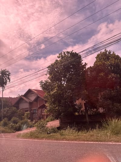 This image depicts an outdoor scene, possibly in Buengbakjok, Indonesia. The perspective is tilted, giving a dynamic feel to the composition. The primary subjects include a road on the right side of the frame, with a grassy verge separating it from a low-rise building constructed of brick. Trees with lush green foliage are visible, obscuring parts of the building. Overhead, a network of power lines stretches across the sky, which is filled with soft, pinkish clouds, suggesting either dawn or dusk. The lighting and cloud colors evoke a peaceful and serene atmosphere. There are no people visible in the image, and no text is present. The overall impression is a quiet, possibly rural or suburban, setting at a transitional time of day.