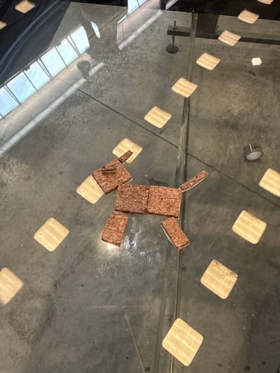 The image shows a floor that appears to be made of polished concrete or a similar smooth material, possibly in a workshop or industrial setting. The floor is reflective, showing a distorted reflection of overhead skylights or windows. Scattered across the floor are several small, square wooden tiles, some of which appear to be arranged in a scattered pattern. In the center of the image, several pieces of a darker, textured material, resembling cork or compressed wood, are arranged to form a stylized outline of an animal, possibly a dog. The pieces are of various shapes and sizes, suggesting they have been deliberately placed. There is also a small, cylindrical metal object, possibly a reel or a cap, visible on the right side of the image. The lighting suggests ambient indoor light from the overhead windows. The image does not contain any elements that would allow for its location to be specified in the city of Fontevivo, Italy.