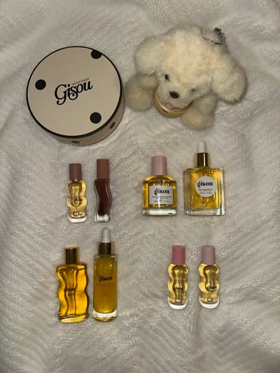 The image displays a collection of cosmetic products and a plush toy arranged on a light-colored, textured surface, likely indoors in Wanneperveen, Netherlands.

In the upper left quadrant, a circular, cream-colored box with a dark rim is present. Its lid features the stylized 'Gisou' logo, the text 'HOLIDAY SEASON', and four dark circular motifs. To the immediate right of this box, a light cream-colored plush toy, resembling a dog, lies horizontally, facing left. This toy holds a small, round, light-colored pot, labeled with 'gisou' text, near its snout. A metallic tag is visible on the toy's back.

Arranged across the lower and central portions of the frame are eight 'Gisou' branded bottles of various shapes and sizes. These include six wavy-shaped clear glass bottles with caps of varying colors (two brown, one gold, three light pink) and predominantly containing transparent yellow or amber liquids. One wavy-shaped bottle contains a dark brown, viscous liquid. Additionally, there are two clear rectangular bottles; one is labeled 'honey infused hair perfume' (50ml e 1.7 fl.oz.) with a light pink cap, and the other, larger bottle is labeled 'honey infused hair oil' (50ml e 1.7 fl.oz.) with a gold dropper cap. A clear cylindrical bottle with a gold dropper cap containing a shimmering yellow liquid is also part of the arrangement. No human subjects are present in the scene.
