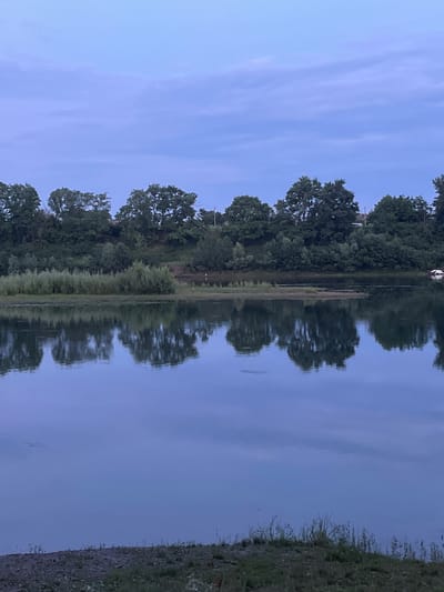 The image depicts a serene natural landscape in Coșnița, Moldova, at dusk or dawn. A calm body of water occupies the foreground, reflecting the trees and the sky. The opposite bank is lined with dense green foliage and trees, creating a natural barrier. The sky is a soft gradient of blue and purple, with subtle cloud formations. In the distance, a few structures are visible amongst the trees, suggesting a settlement. The overall impression is one of tranquility and natural beauty.