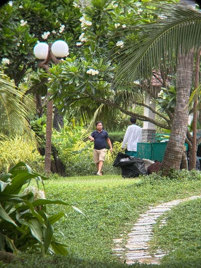 In a lush, tropical garden setting, two men are present. The man on the left, wearing a dark blue polo shirt and beige shorts, walks towards the right. The man on the right, dressed in a white long-sleeved shirt and blue shorts, stands near a green trash receptacle. Black and brown garbage bags are placed on the ground near the receptacle. The environment is characterized by abundant green foliage, palm trees, and flowering plants, suggesting a location in a warm climate. The presence of a stone pathway winding through the grass further contributes to the garden's ambiance. This scene is located in the city of Dong Ninh Hoa, Vietnam.