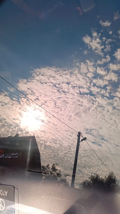 The image is a photograph taken from inside a vehicle, looking out at a sky filled with altocumulus clouds. The sun is visible, partially obscured by the clouds, casting a warm, pinkish glow on them. In the foreground, the textured dashboard of the car is visible, along with reflections on the windshield. A dark, angled structure, possibly a roofline, is in the lower left. A utility pole with wires and a streetlamp stands vertically in the right half of the image. Trees are visible behind the utility pole and to the right. A small, square sign with white text on a dark background, reading "ATO" and a circular emblem, is present in the bottom left corner. The image appears to have been taken during daylight.