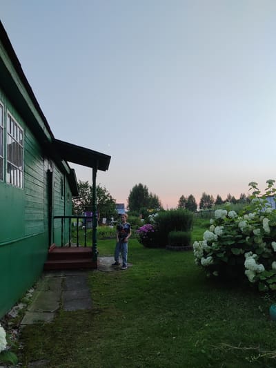 A young boy stands on a grassy yard in front of a green wooden house. The house has a porch with a dark roof supported by a green post. The boy is wearing a t-shirt and jeans. To the right of the house, there is a large bush with white flowers and a fence in the background. The sky is a pale blue, with a crescent moon visible. The scene appears to be set in Novo-Cherkasovo, Russia.