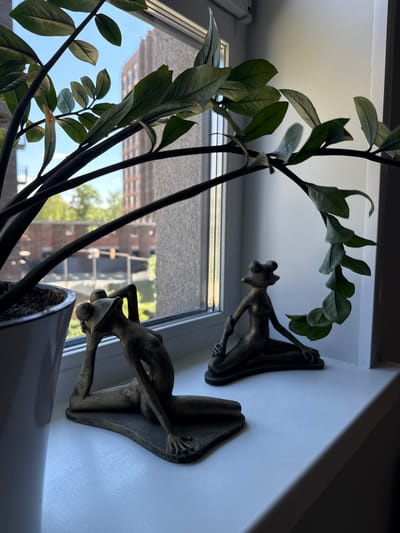 This image depicts a windowsill in what is described as the city of Udarnik, Russia. Two dark-colored, stylized frog figurines are posed in yoga stances on the white windowsill. The figurine on the left is positioned in a seated pose with one leg extended and the other bent, its head resting on its raised arm. The figurine on the right is also seated, with its legs tucked to the side and its arms resting in front of it.

In the background, a window reveals an outdoor scene. A tall, brick building with multiple windows is visible, along with some greenery and what appears to be part of a street with a traffic light. A plant with large, dark green leaves is positioned in the foreground, partially obscuring the view through the window. The plant is in a white pot, which is mostly cut off from the frame on the left side. The overall lighting suggests it is daytime, with sunlight streaming in from the window. The environment appears to be indoors, likely a residential or office space, given the presence of the plant and windowsill decorations. There are no people visible in the image.