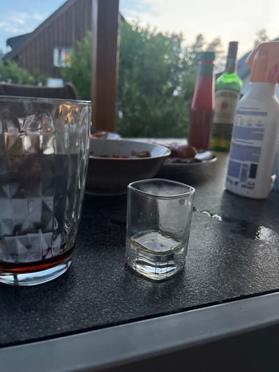 The image depicts a close-up of a dark, textured outdoor table surface, likely a patio. Two glasses are prominently featured. A larger, faceted glass on the left contains a dark amber liquid, possibly whiskey or cola, with ice visible. To its right, a smaller, clear shot glass holds a small amount of a similar amber liquid, with a faint glint of light at the bottom.
In the background, out of focus, several objects are discernible. A red bottle, possibly ketchup, stands next to a green bottle with a label that appears to read "Jameson." Further to the right is a white spray bottle with an orange nozzle, suggesting a cleaning product. Behind these bottles, a wooden structure, possibly a railing or a support beam, partially obstructs the view of a house with a dark wooden exterior and a visible window. Green foliage and a bright, slightly hazy sky indicate an outdoor setting, likely during daylight hours. The overall impression is of an informal gathering or a moment of relaxation outdoors.
The city of Milná, Czechia is not depicted in this image, as it is a coastal town in Croatia.