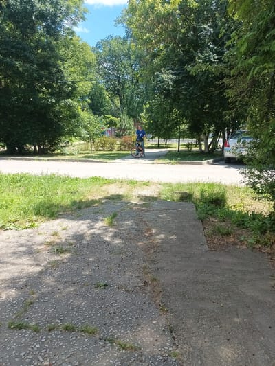 A young person is riding a bicycle with orange wheels on a paved surface. The person is wearing a blue shirt and is facing to the left. The background consists of lush green trees and a blue sky with some clouds. A silver car is parked to the right. The scene appears to be in a park or residential area.