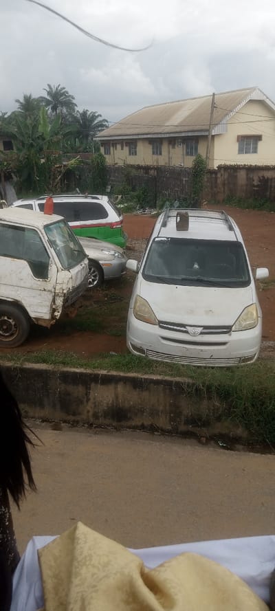 This image depicts an outdoor scene in Ezinifite, Nigeria, under an overcast sky. In the foreground, a dark asphalt road is visible. A low, weathered concrete barrier separates the road from a patch of reddish-brown dirt and green grass where multiple vehicles are parked.
A white first-generation Toyota Sienna minivan is positioned in the right foreground, facing the camera. It shows signs of wear, including scratches on the front bumper and a missing lower grille. A dark brown plastic jerrycan is secured to its roof rack. To its immediate left, a heavily damaged white utility truck, possibly a mini-truck, is partially visible, exhibiting significant front-end damage. Behind these two vehicles, a silver sedan is partially visible, and further back, a white minivan with horizontal green and red stripes is parked.
In the mid-ground, behind the parked vehicles, a low concrete wall is visible, beyond which lush tropical vegetation, including tall palm trees and banana plants, grows. In the background, a light yellow single-story building with a gabled, corrugated metal roof and multiple windows is visible. A dark, arcing power line or cable crosses the upper portion of the frame against the grey sky.
In the lower left corner, a portion of a person's dark hair and shoulder is visible. The lower right corner shows a white table cloth draped over an unseen object, topped with a patterned gold fabric. No direct human actions or interactions are depicted.