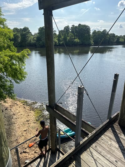 The image displays a sunny waterfront scene, likely a lake or wide river, viewed from an elevated wooden dock or pier. The setting is consistent with a recreational area in Tampa, United States.
In the foreground, beneath the dock, a young male is visible, shirtless and wearing dark swim shorts and a baseball cap. He is in a crouching position on a sandy and somewhat muddy bank. An orange and black paddle rests on the sand near him, and a blue and green kayak is partially visible, tucked close to the water's edge under the dock structure. He appears to be preparing for a water activity or exploring the shoreline.
The dock itself is constructed from weathered wooden planks and sturdy wooden beams, reinforced by diagonal metal supports and cables that crisscross the frame. Beyond the dock, the water surface is significantly rippled and sparkles with bright sun glare, indicating a clear, sunny day. Shadows from the dock stretch across the water and the sandy bank. The opposite shore is lined with dense, lush green trees, suggesting a natural and undeveloped landscape. Closer to the viewer on the lower left, vibrant green foliage from another tree is visible. The sky above is a bright blue with scattered white clouds, one showing a faint contrail. No discernible text is present in the image.