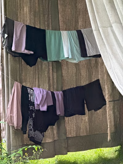 The image shows laundry hanging on a clothesline in front of a textured, brown fabric wall, possibly a tent or shelter. A white curtain or fabric is visible to the right. Below the clothesline, green grass and some small yellow flowers are visible. The laundry consists of several garments in various colors, including black, purple, light green, and light blue. The scene appears to be outdoors. The specific location in Cheposh, Russia, is not discernible from the image itself.