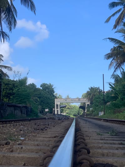 This media file captures a view along a train track in Kodagoda, Sri Lanka. The perspective is from ground level, looking down the length of the track, with the camera positioned at an angle that emphasizes the rails and the ballast. On the right side of the frame, the metallic rails dominate, accompanied by the rugged texture of the stones and gravel that form the trackbed. Large, dark, circular metal fastenings are visible along the track, securing the rails.
To the left of the tracks, lush green vegetation, characteristic of a tropical environment, fills the mid-ground and background. Palm fronds are visible in the foreground and extend into the upper left corner of the image. In the distance, a bridge-like structure made of concrete crosses over the tracks, with what appears to be a utility pole beside it.
The sky is a clear, vibrant blue, with a few scattered white clouds. The presence of palm trees and dense foliage strongly suggests a tropical climate. The lighting indicates it is daytime, likely mid-morning or early afternoon, with bright sunshine. No people are visible in the frame, and the scene appears to be one of quiet, natural surroundings intersected by man-made infrastructure. There are no discernible emotions conveyed, as the focus is on the landscape and the train tracks. No visible text is present in the image.
