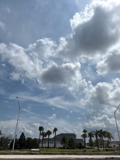 This is a vertical, eye-level, medium shot of a cloudy sky over a suburban area. The image is dominated by a dynamic sky filled with a variety of clouds, ranging from large, billowy cumulus clouds to wispy cirrus formations. The clouds are a mix of bright white and darker grays, indicating varying thicknesses and light conditions.
In the lower portion of the image, a row of palm trees and other greenery line a street. Behind the trees, several houses with dark roofs and light-colored siding are visible. The architecture suggests a residential neighborhood, possibly in a warm climate due to the palm trees.
A tall, white lamppost or flagpole extends from the bottom left corner upwards into the sky. Another similar structure is partially visible at the top right, indicating the presence of street lighting or similar infrastructure. The ground in the foreground on the right appears to be unpaved and sandy, possibly a construction site or a dirt road.
The lighting suggests it is daytime, with the sun likely behind the clouds, creating diffuse illumination and casting soft shadows. The weather appears to be partly cloudy, with potential for rain given the dark storm clouds. The overall mood is calm and serene, with a focus on the natural elements of the sky and the man-made structures of a residential area. There is no visible text in the image. The location context is Parrish, United States.