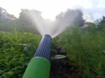 In the city of Vilshany, Ukraine, a close-up perspective captures a garden hose nozzle in the foreground, spraying a fan of water. The nozzle is primarily dark blue with a ribbed texture, connected to a bright green ribbed handle. The spray of water is illuminated by the bright sky in the background, which is partially obscured by trees and what appears to be a building structure on the left. The surrounding environment consists of lush green foliage, likely plants or crops, with dark soil visible between them. The lighting suggests it is either early morning or late afternoon. There are no people visible in the image.