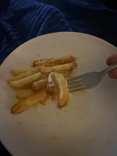 The image shows a close-up of a white plate with French fries. A silver fork is picking up a French fry that appears to have cheese on it. The fries are golden brown and some are slightly messy. The background is out of focus and appears to be a dark blue textured fabric, possibly a blanket or sofa. The scene is indoors, likely a domestic setting. There is no indication of the location being in Cheltenham, United Kingdom.