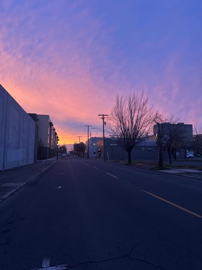 A street scene at sunset or sunrise. The sky transitions from purple to pink and orange. Utility poles line the road, and buildings are visible on both sides. A bare tree is prominent on the left. The road is dark with a yellow line. The lighting suggests twilight or dawn.