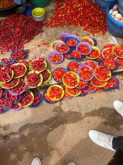 The image shows a ground-level view of a market scene in Abeere, Nigeria. Heaps of red chili peppers are displayed for sale. Some peppers are piled directly on the ground, while others are arranged in colorful plastic bowls. The bowls are predominantly yellow, blue, and purple. At the top left of the image is a blue plastic basket containing onions. Two pairs of white sneakers can be seen in the upper right quadrant of the photo, indicating the presence of people. The ground appears to be a concrete or dirt surface, with variations in color.