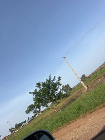 The image depicts a rural landscape with a clear blue sky. In the foreground, a dirt road curves to the right, with a car's side mirror visible in the lower right corner. The middle ground is dominated by lush green grass and a single tree with dark green foliage. A utility pole with power lines stands prominently in the middle right of the image, angled with the terrain. In the distance, several small structures, likely homes, are scattered across the grassy terrain. The background shows rolling hills with a mixture of green vegetation and reddish-brown soil, suggesting a somewhat arid or hilly region. The overall scene is that of a peaceful, rural setting in Ladura Foron, Nigeria.