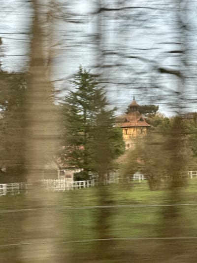 The image, likely a reflection, shows a complex scene. A building with a distinct tower-like structure stands amidst trees. To the right, a white fence runs parallel to a grassy area. Bare trees are reflected on the left, creating a blurred, elongated effect. The overall tone is muted with a focus on greens, browns, whites, and grays. The reflections create a sense of abstraction, with the vertical lines dominating the visual field.