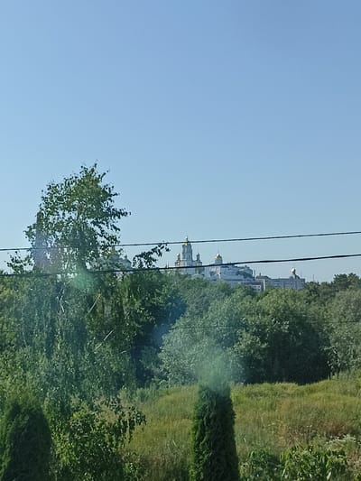 The image shows a wide view of the Pochaiv Lavra in Pochaiv, Ukraine. The monastery complex, characterized by its multiple golden domes, is visible in the distance, partially obscured by trees and power lines. In the foreground, lush green trees and vegetation dominate the scene, with a clear blue sky above. The image is taken during daylight, suggesting fair weather. There are no people or immediate activity depicted.
