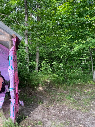 The image depicts an outdoor scene with dense green foliage dominating the background. In the foreground, to the left, a makeshift structure with a corrugated metal roof is partially visible. Pink plastic sheeting is draped over the structure, and a person wearing a black top with white trim is seated on a pink-striped bench. A large, pink object with blue and white lettering, possibly a banner or sign, is attached to a wooden post and hangs vertically. The ground is a mixture of dirt, grass, and fallen leaves, with a faint path leading into the wooded area. The overall impression is one of a rustic or temporary outdoor setup in a natural environment. The location, Вяззеўскі сельскі Савет, Belarus, is inferred from external information and is not visually discernible from the image itself.