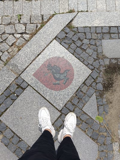 The image shows a person's feet wearing white sneakers and black pants, standing on a paved walkway. The walkway is made of granite cobblestones and larger granite slabs. In the center of the walkway, there is a decorative inlay within a diamond-shaped granite slab. This inlay features a red droplet-shaped background with a dark gray silhouette of a winged horse, or Pegasus, within it. The person is standing on the walkway in what appears to be an urban or town setting. This inlay is a known artistic element found on the "Path of the Gryphon" in Dzierżoniów, Poland, symbolizing a mythological creature. The surrounding paving stones and the design suggest a public space designed for pedestrian use.