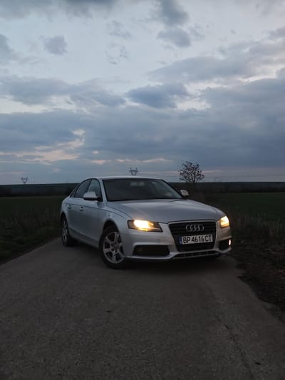 A silver Audi sedan, bearing Bulgarian license plate "BP 4616 CT," is positioned centrally on a single-lane paved road in Gorni Tsibar, Bulgaria. The vehicle's headlights and lower fog lights are illuminated. The scene is depicted at dusk or early evening, evidenced by the overcast sky featuring multiple shades of grey and white clouds, with faint traces of orange and pink light visible near the horizon. Green fields border both sides of the road. In the background, on the left horizon, two electrical transmission towers are visible. On the right horizon, a solitary, leafless tree stands against the sky. No individuals or specific actions are observed.