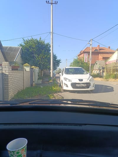The image was taken from inside a vehicle, looking forward through the windshield at a street scene. In the foreground, the dark dashboard of the car is visible, with a patterned paper cup to the left.
The main subject is a white Peugeot hatchback parked on the right side of the asphalt road. The car's license plate is visible and reads "X733AX 185". To the right of the car, there is a building with a red tiled roof and a sign that says "МАГАЗИН" (meaning "shop" in Russian). Further down the street, more buildings and vegetation are visible.
On the left side of the road, there is a white brick fence with stone pillars. Behind the fence, there are houses with grey tiled roofs and green trees. A tall utility pole with insulators stands on the right side of the road, further down from the car. The sky is clear and blue, indicating a sunny day.
The location is identified as Berdiansk, Ukraine.