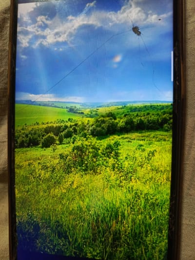 The image displays a landscape scene on a cracked smartphone screen. The landscape features a bright blue sky with scattered white clouds, with sunbeams radiating downwards. Below the sky, rolling green hills are visible, dotted with lush green trees and shrubs. The foreground is dominated by tall, vibrant green grass. The screen itself has several visible cracks and a small dark object resembling an insect is stuck to the glass, with thin strands extending from it. The smartphone is placed on a textured, light-colored surface.