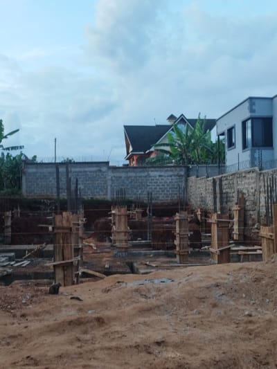 The image shows a construction site in Othaya, Kenya, located at coordinates -0.44 latitude and 36.958 longitude. The site is an empty lot with a dirt floor. There are several wooden forms for concrete pillars, which are arranged in a grid pattern. Some of the forms have steel rebar protruding from them. In the background, there is a concrete block wall topped with barbed wire. Behind the wall, two houses can be seen. The house on the left has a dark grey roof, while the house on the right has a white roof.  The sky is partly cloudy and the weather appears to be dry. There is a small animal, possibly a cat, in the foreground of the image.