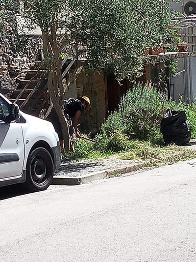 In Castellfollit de la Roca, Spain, a person wearing a yellow hat and a dark shirt is bent over, gardening. They are using a tool to tend to a patch of green vegetation, with freshly cut foliage gathered on the ground. To the left, a white car is partially visible, with its front wheel and bumper in view. A large black trash bag filled with garden debris sits nearby. The scene takes place outdoors, near a stone building and an olive tree with a rustic wooden staircase leading upwards.