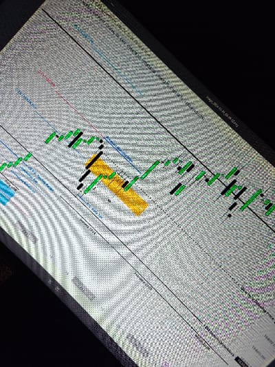 The image displays a digital screen captured at an angle, exhibiting a moiré interference pattern characteristic of a camera photographing a monitor. The screen presents a financial candlestick chart, predominantly featuring green and black candlesticks against a light gray grid background.
Multiple colored lines overlay the chart, including a prominent blue diagonal line, a red diagonal line, and a thin black diagonal line. A rectangular area of the chart is highlighted in solid yellow, encompassing several candlesticks. A smaller, light blue shaded area is also visible, partially obscured, with text "Daily + OR".
Text labels indicate the financial instrument as "Nasdaq 100 Index Futures, Mar 24, 2024 08:00 UTC." Additional labels include "January 2024," "February 2024," and "March 2024" along the horizontal axis, suggesting a time series. Vertical axis labels include price points such as "16800.00" and "16355.75," alongside phrases like "Quarterly Open Price" and "15M Bullish Orderblock." The top right corner of the screen displays "image_2024-03-15_09-35-52.png," likely a file name or timestamp.
The immediate environment surrounding the visible screen area is dark, suggesting a dimly lit space. No individuals, specific actions, or interactions are discernible within the frame. The image provides no identifiable geographic information regarding the city of Liège, Belgium.