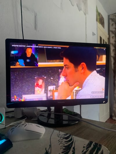 The image shows a computer monitor displaying a video. The video appears to be a recording of a man watching a movie or show on a streaming platform. On the monitor, there is text that reads "ЗУБАРЕВ СМОТРИТ «АМЕРИКАНСКИЙ ПИРОГ: ВСЕ В СБОРЕ » | РЕЖУ ЗУБА" which translates to "ZUBAREV WATCHES 'AMERICAN PIE: ALL TOGETHER' | I CUT TOOTH". There is also a timestamp of "3:48/1:19:41" and the brand name "PHILIPS" is visible on the bottom of the monitor.
The video on the screen shows two scenes. The larger scene, which is dominant, features a close-up of a young man with dark hair, wearing a white shirt with small dots. He appears to be touching his face. To the left of this, a smaller window shows a man with a shaved head wearing a black hoodie. He is looking directly at the viewer.
The monitor is positioned in what appears to be a home setting. In the background, a wall with some textured surface is visible. To the right of the monitor, a white computer mouse and some cables connected to power adapters are present. The lighting suggests it might be daytime, but the indoor setting makes it difficult to determine the exact time of day or weather conditions. The overall impression is one of casual viewing or perhaps content creation where someone is reacting to a film.