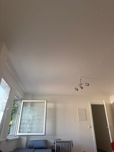 The image shows a view of a room with a ceiling, a window, a door, and some furniture. The ceiling is white and textured, with a three-bulb light fixture hanging from it. To the left, a window is open, revealing a glimpse of greenery outside. The windowpane has a decorative pattern of birds. Below the window, a grey sofa or futon with a pillow is visible. To the right, a white door is ajar, leading into another room. A white electrical heater is positioned near the door. On the wall to the left of the door, there is a square white access panel. The room appears to be a living space. The location is identified as Schkopau, Germany.