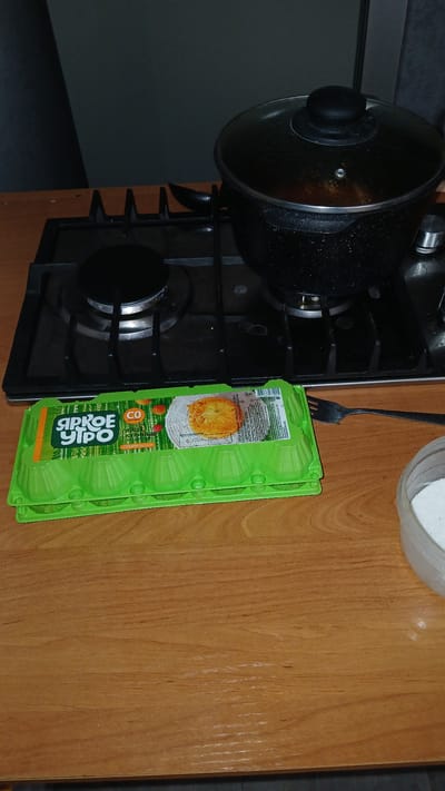 A close-up, eye-level shot captures a stovetop scene with cooking elements. A black pot with a glass lid, emitting steam, sits on the stove. In front of the pot, a bright green egg carton is placed on a wooden surface. A fork rests to the right of the carton. The background is a dark, out-of-focus wall, suggesting an indoor domestic setting. There are no people visible. The image does not contain any information that would allow for the specific location within Kolyvan, Russia to be determined.