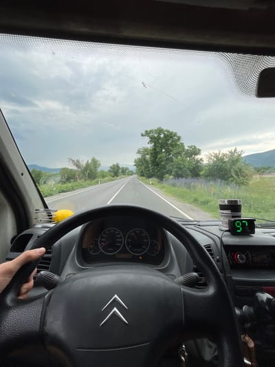 The image shows the interior of a car, specifically the dashboard and steering wheel, suggesting the view from the driver's seat. The steering wheel has the Citroën logo in its center. The speedometer indicates the car is moving at a speed that is displaying as 67. Outside the windshield is a road and a landscape with trees under an overcast sky. This is not enough information to infer that this image was taken in Pevtsite, Bulgaria.