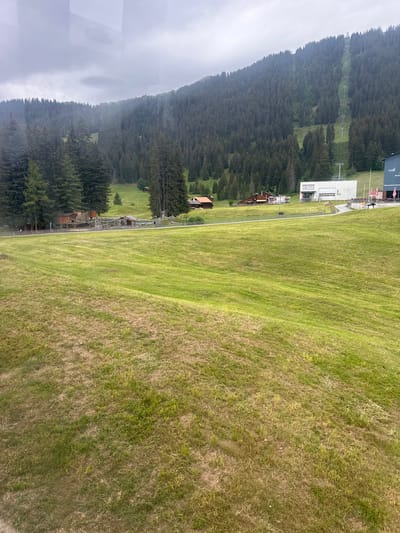 The image shows a green, rolling hillside in the city of Hasliberg Wasserwendi, Switzerland. The hillside is covered in grass, with some areas appearing drier than others. In the background, a dense forest of evergreen trees covers a steep mountain slope. A ski lift ascends the mountain, with several towers visible. At the base of the mountain, there are several buildings, including a modern white building with a large garage door and a darker building with signs that read "BIDER" and "FAMILIENRESTAURANT." There are also some smaller wooden structures and what appears to be a fenced-off area with picnic tables. The sky is overcast and cloudy. The scene suggests a mountain resort area, likely during the summer months given the lush green grass.