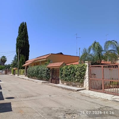 The image depicts a residential street scene in Grumo Appula, Italy, on a clear day, as indicated by the timestamp "16.07.2026 14:26". The foreground shows a cracked asphalt road with some minor damage and pavement discoloration. To the right, a concrete sidewalk runs alongside a property boundary. This boundary is marked by a low stone wall topped with dense, green ivy. A tall, ornamental gate made of vertical metal bars, painted a reddish-brown, is prominent on the right side of the frame, providing access to the property. Behind the ivy and wall, the corner of a single-story house with an orange-tiled roof and a yellow facade is visible.
Further down the street, on the left, another property with a similar metal gate is partially visible. A tall, slender evergreen tree, possibly a cypress, stands to the left of the main house. More trees, including palm trees, are visible in the background, contributing to a suburban or semi-rural atmosphere. Several television antennas are mounted on the roofs of the houses, suggesting the presence of residential buildings. The overall environment appears to be a quiet street in a town or village. No people or animals are present in the image, and no specific actions or interactions are depicted.