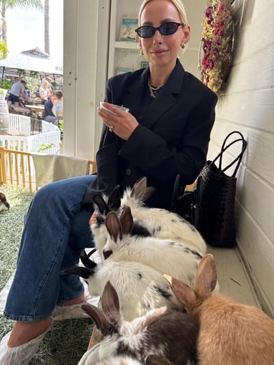 A woman wearing sunglasses and a black blazer is surrounded by several goats that are eating in an enclosure. She is holding a small, clear container in one hand. A black woven tote bag sits near the woman on the ground near the wall and dried flowers are hanging on the wall above. The goats vary in color, including white with black spots, brown, and gray. The woman is wearing blue jeans and transparent plastic shoe covers. In the background through the window of the enclosure, people are seated at tables. The image appears to be taken outdoors. Based on the presence of goats and the exterior appearance, it is likely the setting is the Goat Yoga Solana Beach location in Solana Beach, CA.