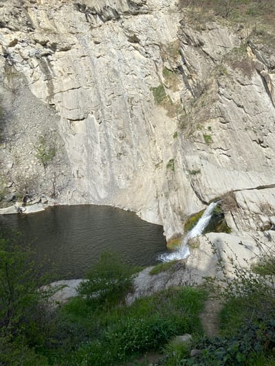 This is an aerial view of a waterfall and river in Pchelishte, Bulgaria. The waterfall cascades over light-colored rock into a river. Vegetation is present on both sides, particularly green plants with white flowers on one side. The rock formations are textured and layered. The water in the river appears calm.
