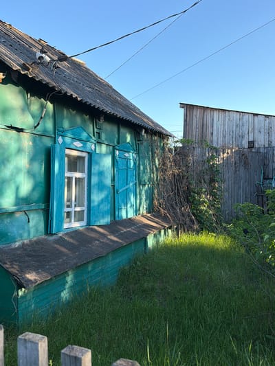 A weathered, teal-painted wooden house with a gray corrugated roof is visible under a clear blue sky. The house features a white-paned window with open, teal shutters. A dark, sloped foundation runs along the base of the house, which is surrounded by lush green grass. To the right of the house, a tall, weathered wooden fence is partially obscured by dense, dry branches and green foliage. Overhead, power lines stretch across the sky. The scene appears to be a residential property in the city of Kansk, Russia, likely in a rural or semi-rural area, given the unkempt natural elements and the traditional style of the house and fence. There are no people or animals present in the image.