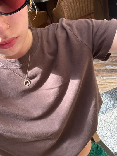 A person is posing, partially visible from the nose down. The individual wears sunglasses with gold rims and has a ring in the nose. A gold necklace with a circular pendant is visible. The person is wearing a brown crewneck shirt, with shadows and light adding dimension. In the background, there is a wicker chair, a wooden table, and a glimpse of a green garment.