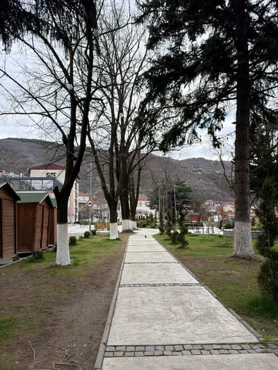 The photograph captures a scene in the city of Kriva Palanka, North Macedonia, depicting a pedestrian walkway lined with trees. The path stretches into the distance, flanked by grassy areas and low-lying shrubbery. The tree trunks closest to the viewer have been painted white at their bases. A small wooden structure, possibly a shed or kiosk, is visible near the path's edge. In the background, a hillside rises above the town, with buildings and infrastructure visible along the slope. The sky is overcast, lending a muted light to the scene. A road sign is visible further down the path. Two people sit on a bench in the middle of the image.
