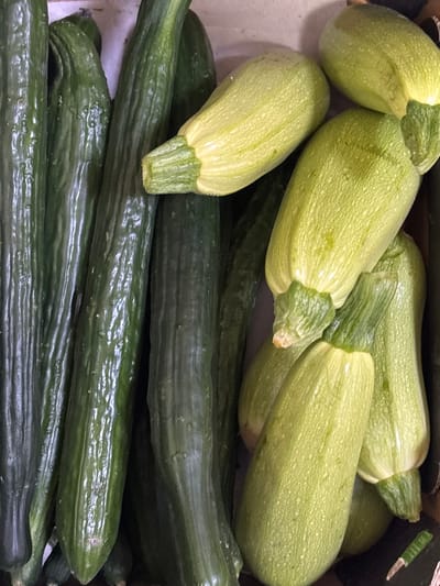 An overhead photograph captures a close-up view of a collection of fresh vegetables, specifically multiple dark green cucumbers and pale green zucchini, contained within a brown-edged receptacle, likely a cardboard box, in Suhache, Bulgaria. The cucumbers, characterized by their elongated, cylindrical form and slightly textured, often bumpy or ridged skin, occupy the left and central portions of the frame. The zucchini, possessing an ovate to short-cylindrical shape and a smoother, matte surface, are clustered on the right, with some exhibiting remnants of their light green stems. The vegetables are densely packed, filling the entire frame, suggesting a bulk quantity. No individuals, actions, or discernible interactions are present in the scene. The lighting is even, consistent with an indoor environment.
