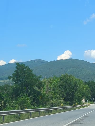 The image depicts a scenic view of a mountain range with lush green trees in the foreground. A road with a metal guardrail runs alongside the greenery, suggesting it's a highway or a scenic route. The sky is clear blue with a few scattered white clouds, indicating fair weather. The sun appears to be high in the sky, casting bright light on the landscape. There are no people or specific objects visible that would suggest a particular activity or event. The overall impression is one of natural beauty and a peaceful, rural setting. The presence of the road and guardrail might hint at a location popular for driving or sightseeing. The image seems to have been taken during the daytime, likely on a pleasant, sunny day. The absence of any visible text or specific landmarks makes it difficult to pinpoint the exact location beyond the general context of mountains and a road.