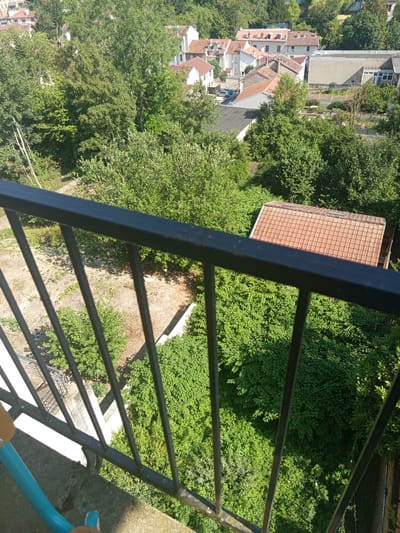 The image depicts a view from a balcony or elevated position, looking down onto a dense, green outdoor area. In the foreground, a dark metal railing runs diagonally across the frame, with one pale blue object and part of a person's hand visible on the right side, suggesting they are leaning on the railing. Beyond the railing, a tiled-roof building, likely a house, is visible, surrounded by lush green foliage and trees. Further in the background, a cluster of houses with red tile roofs and white walls can be seen, characteristic of European architecture. The scene appears to be a residential area with many trees and vegetation, suggesting a suburban or semi-rural setting. The sunlight and shadows indicate it is daytime, likely sunny. The overall impression is a peaceful, natural environment within a populated area. There is no visible text in the image.