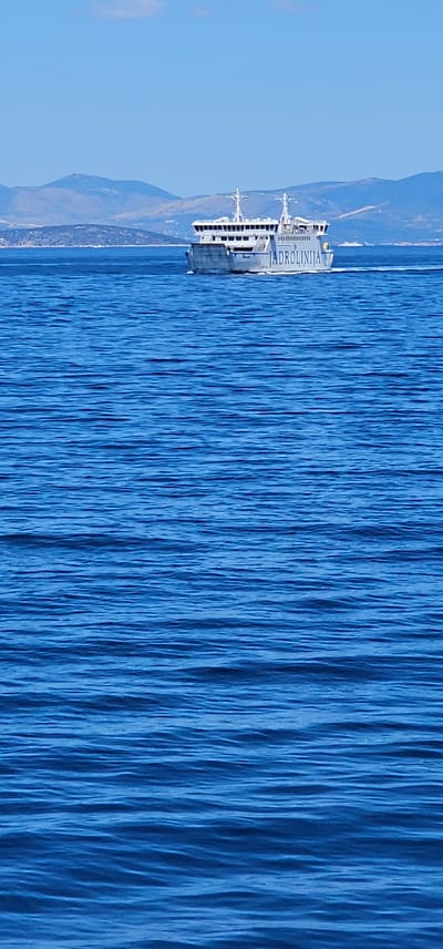This is a photograph of a Jadrolinija ferry at sea, likely in the waters around Supetar, Croatia. The ferry, a large white vessel with multiple decks and railings, is positioned on the left side of the frame. The name "JADROLINIJA" is clearly visible in large blue letters on the side of the ferry. The ferry is moving, as indicated by the wake trailing behind it.
The sea occupies the majority of the image and is a vibrant blue, with visible ripples and waves creating a textured surface. The water appears calm and reflects the bright sky. In the background, on the left side of the image, a mountainous coastline is visible, receding into the distance. The sky is a clear, bright blue, suggesting a sunny day. The overall impression is one of a typical ferry journey in a beautiful coastal region. The time of day appears to be daytime, with strong natural light. There is no indication of people being visible on the ferry.