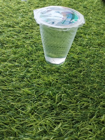 A clear plastic cup filled with a light green liquid sits on a surface of artificial grass. The cup is sealed with a clear plastic lid that has some colorful graphics on it. The artificial grass is a vibrant green, with some blades appearing lighter than others. The scene is captured from a slightly elevated angle, looking down at the cup. There are no people or animals visible in the image. The background is entirely composed of the artificial grass.