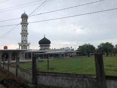 The image displays a mosque complex in Bale, Indonesia, under an overcast sky. In the foreground, a weathered concrete fence separates a strip of dark earth from a large, open green field. The mosque structures are situated beyond this field.
To the left, a tall, slender minaret with multiple ornate balconies and a decorative, blue-patterned dome rises prominently. The main mosque building features a dark, simple hemispherical dome topped with a crescent and star finial. Several utilitarian structures with corrugated metal roofs surround the main buildings, appearing to be extensions or ancillary facilities. An orange water tank is visible on the left side of the complex.
Power lines stretch across the upper portion of the cloudy sky, with three small birds perched on one of them towards the right. Trees line the background on the right side of the field, and some other distant buildings are faintly visible. The general atmosphere suggests a quiet, potentially rural or semi-urban setting on a cloudy day. There is no discernible human activity or visible text in the image.