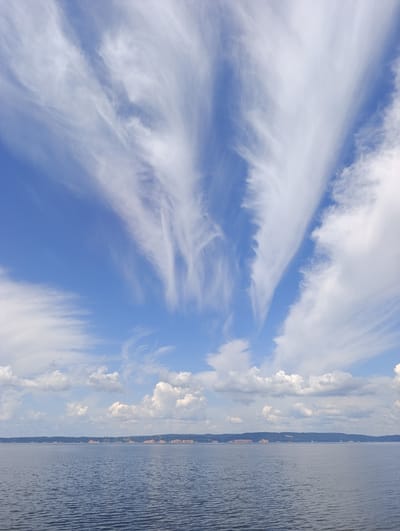 The image shows a panoramic view of a body of water with a distant shoreline under a bright blue sky filled with wispy white clouds. The water is calm with small ripples, reflecting the sky. The shoreline in the distance features a line of trees and hills, with some patches of reddish-brown soil exposed. The sky is dominated by elongated, feathery clouds that spread across the upper portion of the frame, creating a dramatic effect. The lower part of the image shows scattered cumulus clouds closer to the horizon. The scene appears to be a natural landscape, possibly a river or lake, viewed from a vantage point on the water. There are no people or man-made objects visible in the scene, suggesting a natural and serene environment. The location is identified as Vekoshinka, Russia.